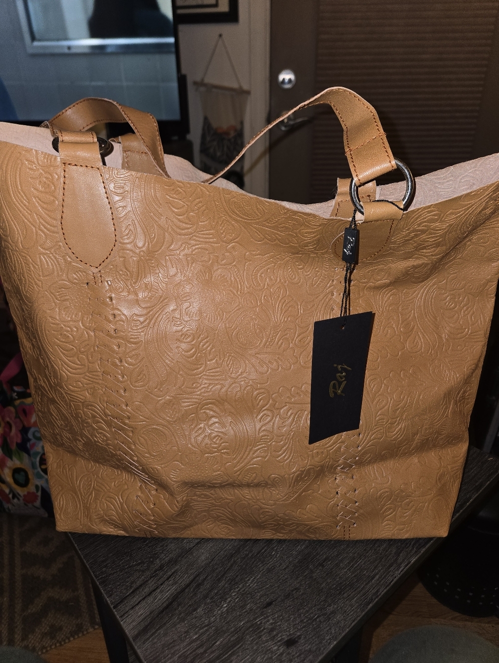 RAJ new Tan Embossed Leather Tote Bag